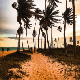 Crie uma imagem de uma praia com a familia andando na areia, coqueiros no por do sol