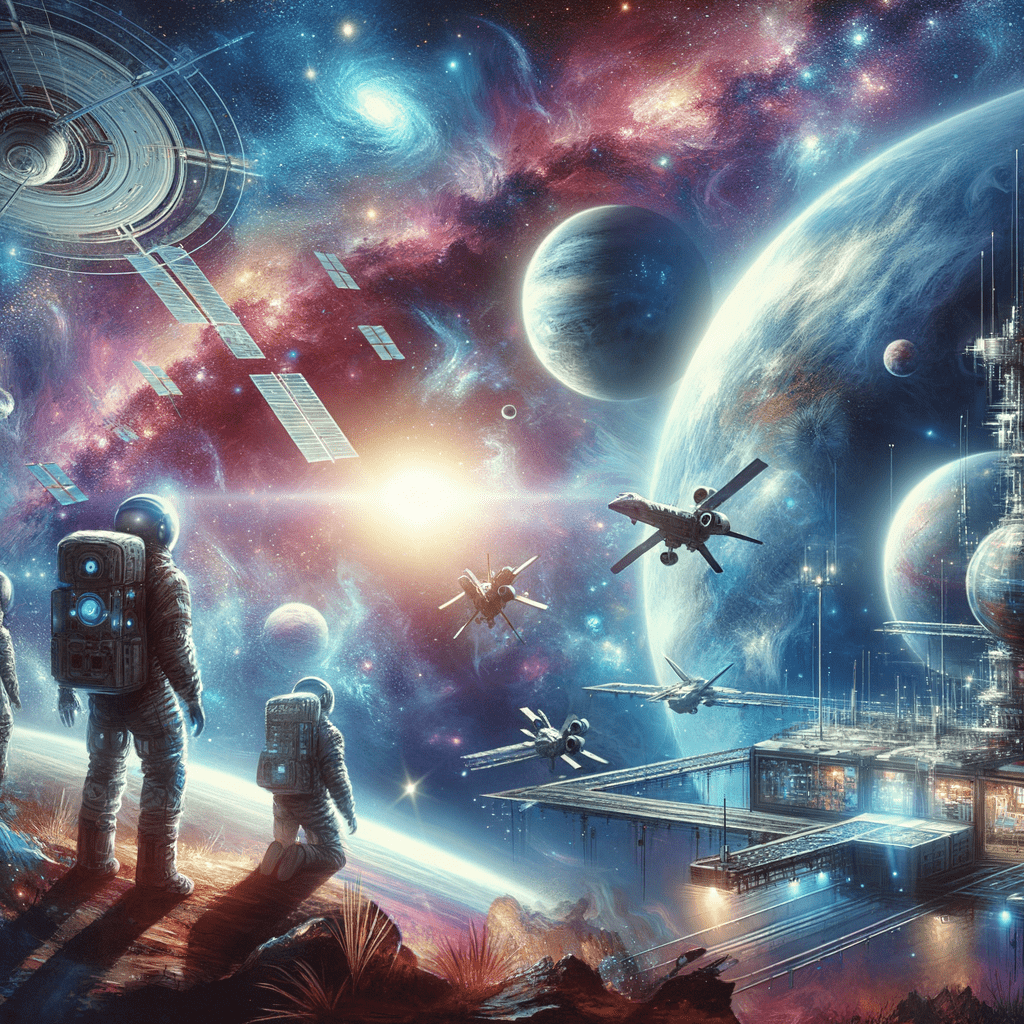 Espaço e Exploração Galáctica: "O espaço sideral com galáxias distantes, uma estação espacial futurista e astronautas explorando um planeta alienígena, capturando o espírito da exploração e descoberta."