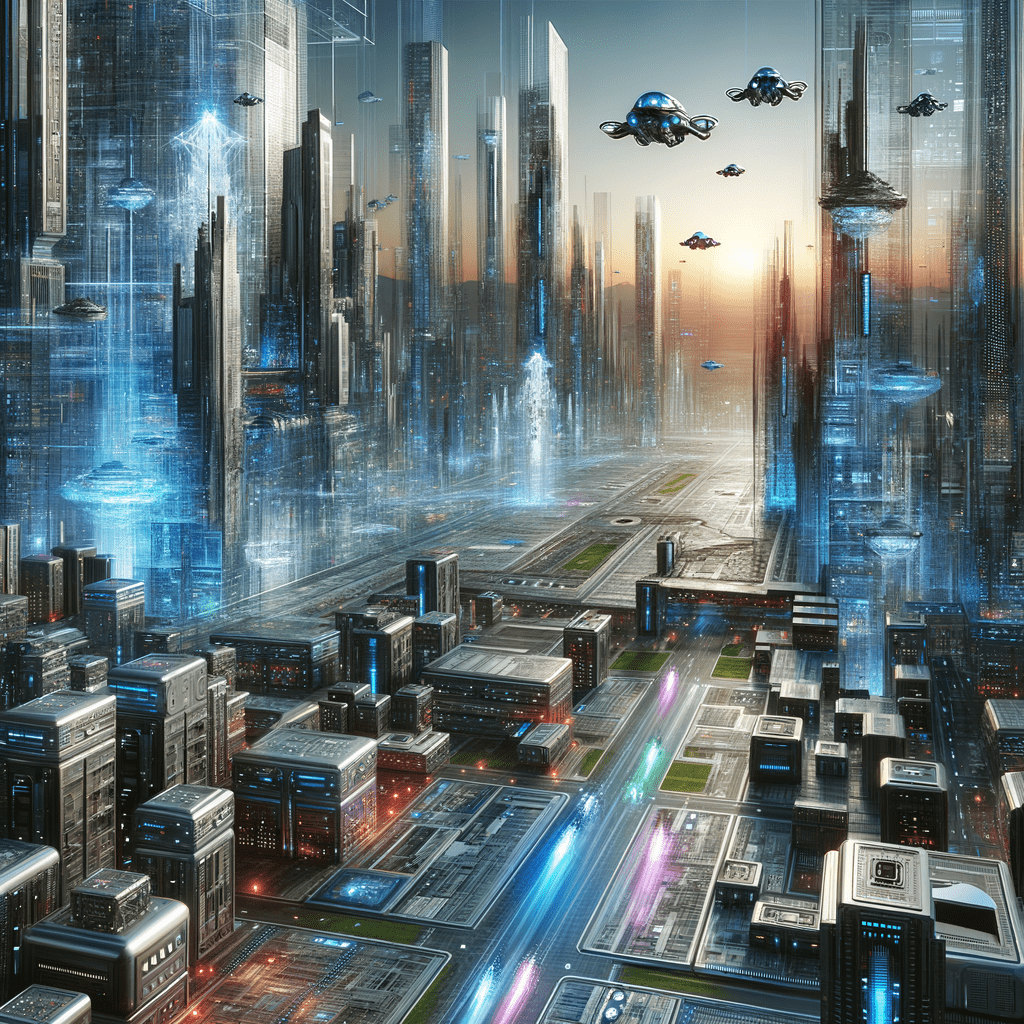 Paisagem Urbana Futurista: "Uma cidade futurista com arranha-céus de vidro e metal, veículos voadores e iluminação neon, refletindo uma visão avançada de tecnologia e urbanismo."